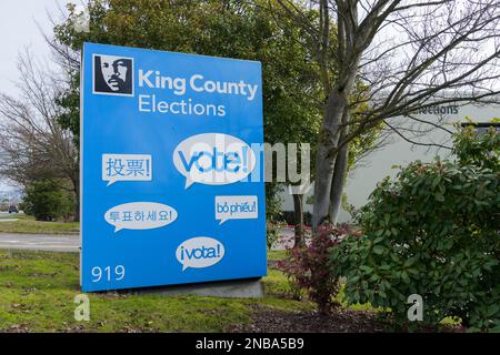 Renton, WA, USA - February 12, 2023; Sign outside King County Elections office in Renton with multiple languages Stock Photo