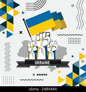 Ukraine banner for national day, abstract modern design. Ukrainian flag map, blue yellow color theme. Raised fists war, cultural background. Vector Stock Vector