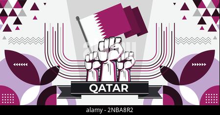 Qatar national day banner for sports tourism. Qatari flag with modern geometric retro abstract design. Purple or violet color theme. Doha Vector Stock Vector