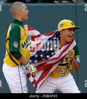 Huntington Beach, Calif., relief pitcher Braydon Salzman celebrates after a  baseball game against Clinton County, Pa., at the Little League World  Series, Thursday, Aug. 25, 2011, in South Williamsport, Pa. Huntington Beach