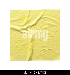 Yellow paper note memo wrinkled poster template , blank glued creased paper sheet mockup. Isolated on white. Clipping path. Stock Photo