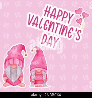 Happy Valentine Day With Cute Gnome And Flower, Cartoon Illustration. watercolor vector illustration Stock Vector