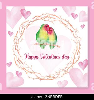 Two cute birds on blooming branch - card for Valentine day. watercolor vector illustration Stock Vector