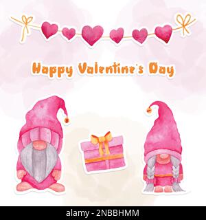 Valentines gnomes watercolor illustration. Cute Scandinavian elf couple in pink hats, isolated on white background. Cartoon style painting. watercolor Stock Vector