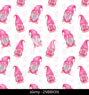 Seamless pattern of cute gnomes and different elements to Valentine's Day, hand drawn illustration on white background. watercolor vector illustration Stock Vector