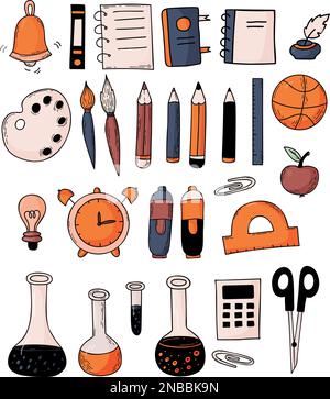 Set school elements. Educational items and supplies - book, ball, ruler, notepad and pencils, scissors, apple, protractor, alarm clock, calculator, fl Stock Vector