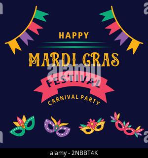 Flat style poster or template design with colorful party mask, guitar and maracas for Carnival Party. Flat vector illustration Stock Vector