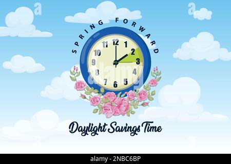 Spring Forward. Daylight Saving Time Banner Reminder - Spring Time Change with date 13 march, sunday.background illustration Stock Vector