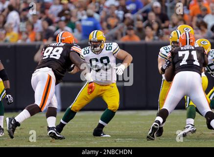 Green Bay Packers tackle Caleb Jones (72) blocks during an NFL