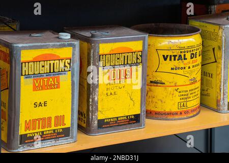 Invercargill, South Island, New Zealand- January, 2023: Retro Vintage Gallon Motor Oil Cans collection in the Bill Richardson Transport World Museum Stock Photo