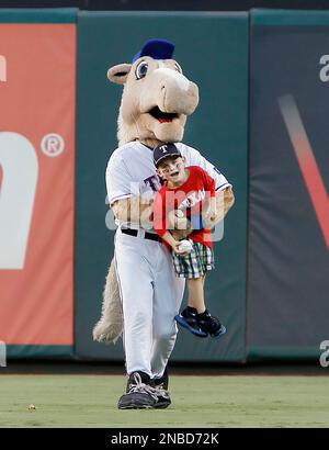AUG 02, 2015: Texas Rangers mascot Captain celebrates after a Texas win  after an MLB game between the San Francisco Giants and the Texas Rangers at  Globe Life Park in Arlington, TX