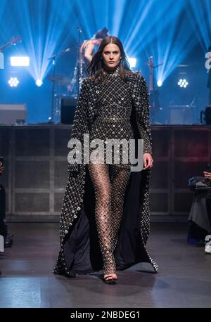 Model walks runway for Cucculelli Shaheen collection Les Radiants show during Fall/Winter 2023 Fashion Week at Webster Hall in New York on February 13, 2023 Stock Photo