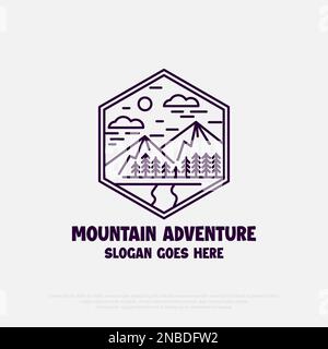 Outline mountain adventure logo design vector, line art hexagon logo for outdoor adventure icon illustration template Stock Vector