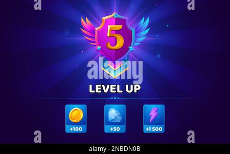 Level up reward on flag cartoon gold icon, game app UI isolated