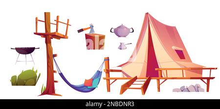 Glamping equipment for trip, isolated vector. Sleeping tent, pillow and hammock cartoon illustration for best camp experience. Luxury survival journey element collection with turkish pot and barbecue Stock Vector