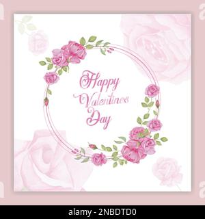 Beautiful watercolor wreath with Happy Valentine's Day inscription isolated on white background. Round floral wreath for design, postcards, banners, e Stock Vector