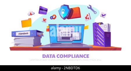 Data compliance cartoon banner template. Vector illustration of laptop, shield lock, credit card, folder with papers, brick wall, cloud and checkmark icons. Symbols of information security protection Stock Vector