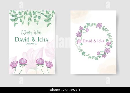 Wedding cards design. Blush pink rose flowers, green leaves bouquets, round frame, white background. Romantic floral arrangements. Invitation template Stock Vector