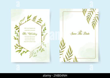simple wedding invitation card with rose and leaves. watercolor vector illustration Stock Vector