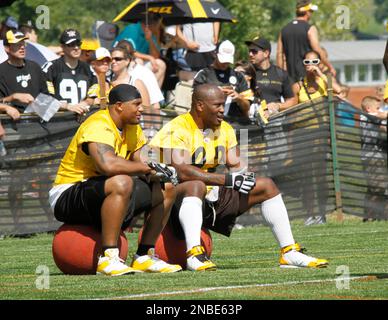 Pittsburgh Steelers linebacker LaMarr Woodley (56) and Stevenson Sylvester,  right rear, arrive for the first day of NFL football camp in Latrobe, Pa.,  Friday, July 29, 2011. (AP Photo/Gene J. Puskar Stock