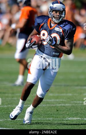 Denver Broncos rookie tight end Greg Dulcich during the opening session of  the NFL football team's training camp Wednesday, July 27, 2022, in  Centennial, Colo. (AP Photo/David Zalubowski Stock Photo - Alamy