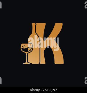 Letter K Logo With Wine Bottle Design Vector Illustration On Black Background. Wine Glass Letter K Logo Design Stock Vector