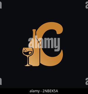 Letter C Logo With Wine Bottle Design Vector Illustration On Black Background. Wine Glass Letter C Logo Design Stock Vector