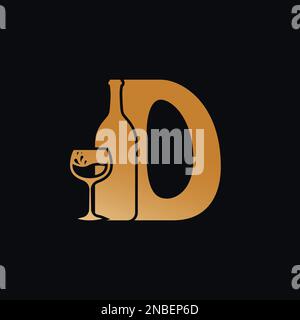 Letter D Logo With Wine Bottle Design Vector Illustration On Black Background. Wine Glass Letter D Logo Design Stock Vector