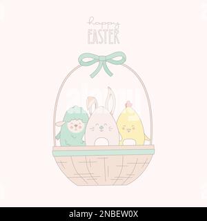 Cute Easter animal babies in basket. Vector illustration for card, invitation, banner. Stock Vector