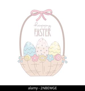Pastel color Easter vector illustration with basket, eggs, flowers, lettering. Can use for card, banner, invitation. Stock Vector