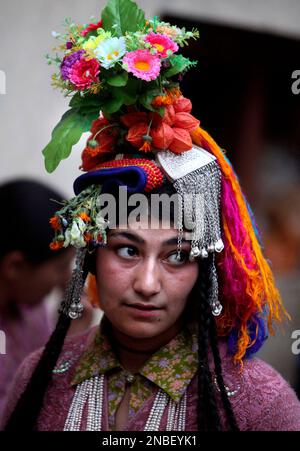 Aryan (Brogpa) woman in traditional costume, Biama village, Ladakh ...