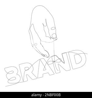 One continuous line of hand holding a string with Brand word. Thin Line Illustration vector concept. Contour Drawing Creative ideas. Stock Vector