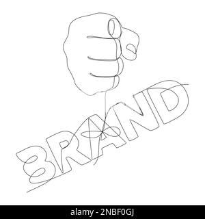 One continuous line of hand holding a string with Brand word. Thin Line Illustration vector concept. Contour Drawing Creative ideas. Stock Vector