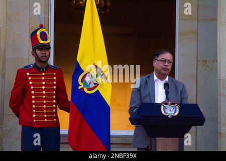 Bogota, Colombia on February 13, 2023. Colombia's president Gustavo Petro speaks during an event presenting a bill to reform Colombia's healthcare system, in a public act at Nariño's Presidential Palace in Bogota, Colombia on February 13, 2023. Photo by: Chepa Beltran/Long Visual Press Stock Photo