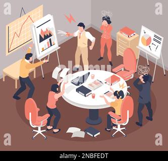 Isometric team conflict concept with business people arguing during presentation Stock Vector