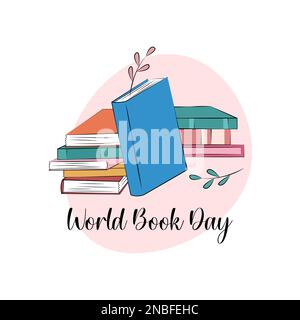 World Book Day. April 23 celebration. Books stack composition. Cozy vector poster illustration. Love of reading concept. Stock Vector