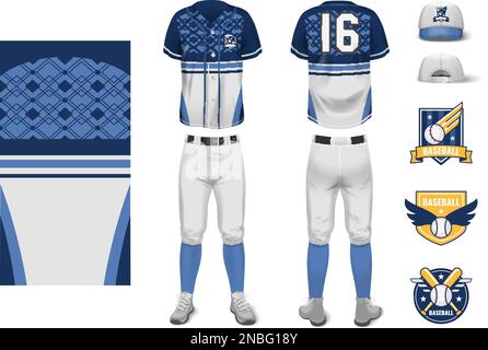 Elements of baseball jersey uniform realistic mockup with headwear and logo badges isolated vector illustration Stock Vector