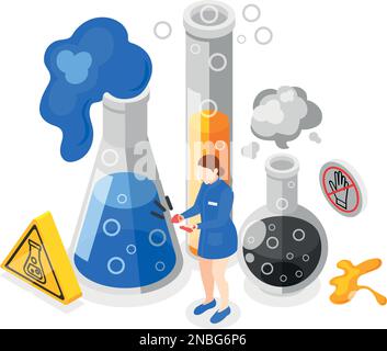 Safety precaution at work place isometric composition with woman having chemical injury vector illustration Stock Vector