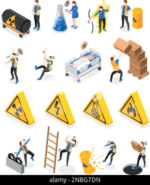 Safety precaution at workplace isometric icons set isolated vector illustration Stock Vector