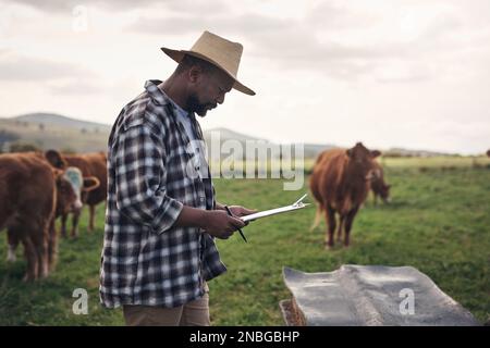 Happy, healthy cattle are first priority. a mature man writing notes while working on a cow farm. Stock Photo