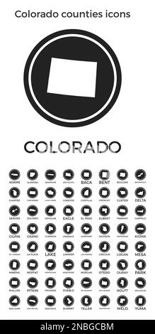 Colorado counties icons. Black round logos with us state counties maps and titles. Vector illustration. Stock Vector