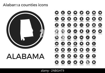 Alabama counties icons. Black round logos with us state counties maps and titles. Vector illustration. Stock Vector