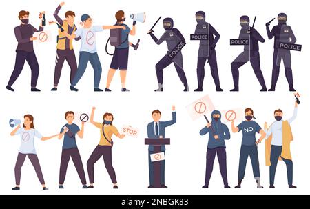 Protest revolution flat concept set the police against protesting group of people and the performance of oppositionist in front of his group vector il Stock Vector
