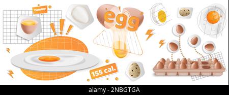 Eggs cook realistic collage composition abstract pics with eggs in the form of planets on grids  vector illustration Stock Vector