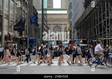 A large group of students led by their summer camp teachers cross the streets and walk past the Berkeley College New York City Midtown campus on Tuesday... Stock Photo