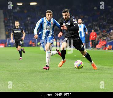 Sabadell, Barcelona, Spain. 13th Feb, 2023. Barcelona Spain 13.02.2023 Oscar Gil (Espanyol) and Diego Rico (Real Sociedad) battle for the ball during the La Liga Santander between Espanyol and Real Sociedad at RCDE Stadium on 13 February 2023 in Barcelona. (Credit Image: © Xavi Urgeles/ZUMA Press Wire) EDITORIAL USAGE ONLY! Not for Commercial USAGE! Stock Photo