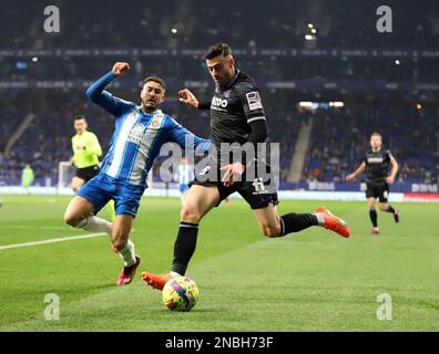 Sabadell, Barcelona, Spain. 13th Feb, 2023. Barcelona Spain 13.02.2023 Oscar Gil (Espanyol) and Diego Rico (Real Sociedad) battle for the ball during the La Liga Santander between Espanyol and Real Sociedad at RCDE Stadium on 13 February 2023 in Barcelona. (Credit Image: © Xavi Urgeles/ZUMA Press Wire) EDITORIAL USAGE ONLY! Not for Commercial USAGE! Stock Photo