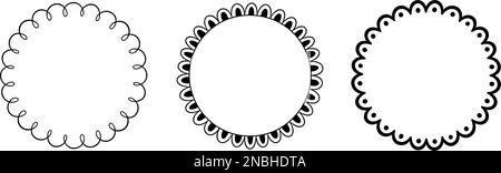 Doodle circle scalloped frame. Hand drawn scalloped edge ellipse shape. Simple round label form. Flower silhouette lace frame. Vector illustration Stock Vector