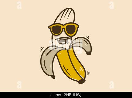 Illustration character design of a banana wearing glasses with smiling face Stock Vector