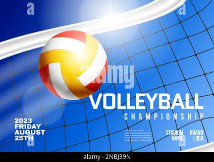 Volleyball championship realistic horizontal poster with ball and net on blue background vector illustration Stock Vector